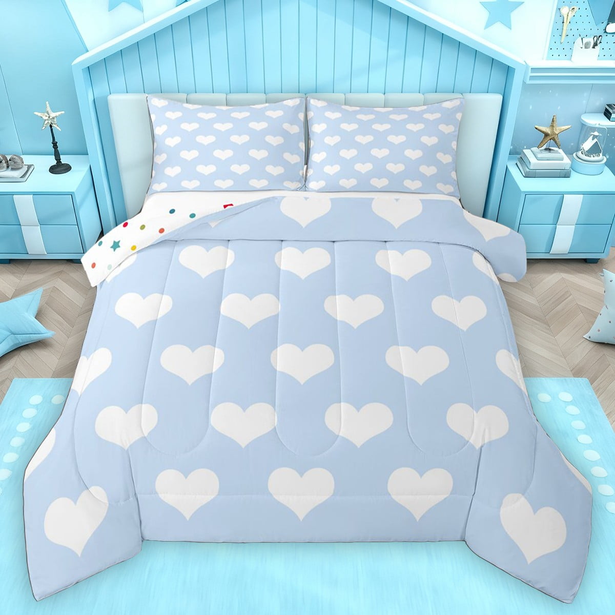 Homewish Boys Girls Blue Love Heart Full Size Comforter Sets 3-Piece Dreamy Princess Bedding Comforter Set Happy Valentine s Day Lightweight Bedding Sets Lightweight Room Decor Reversible