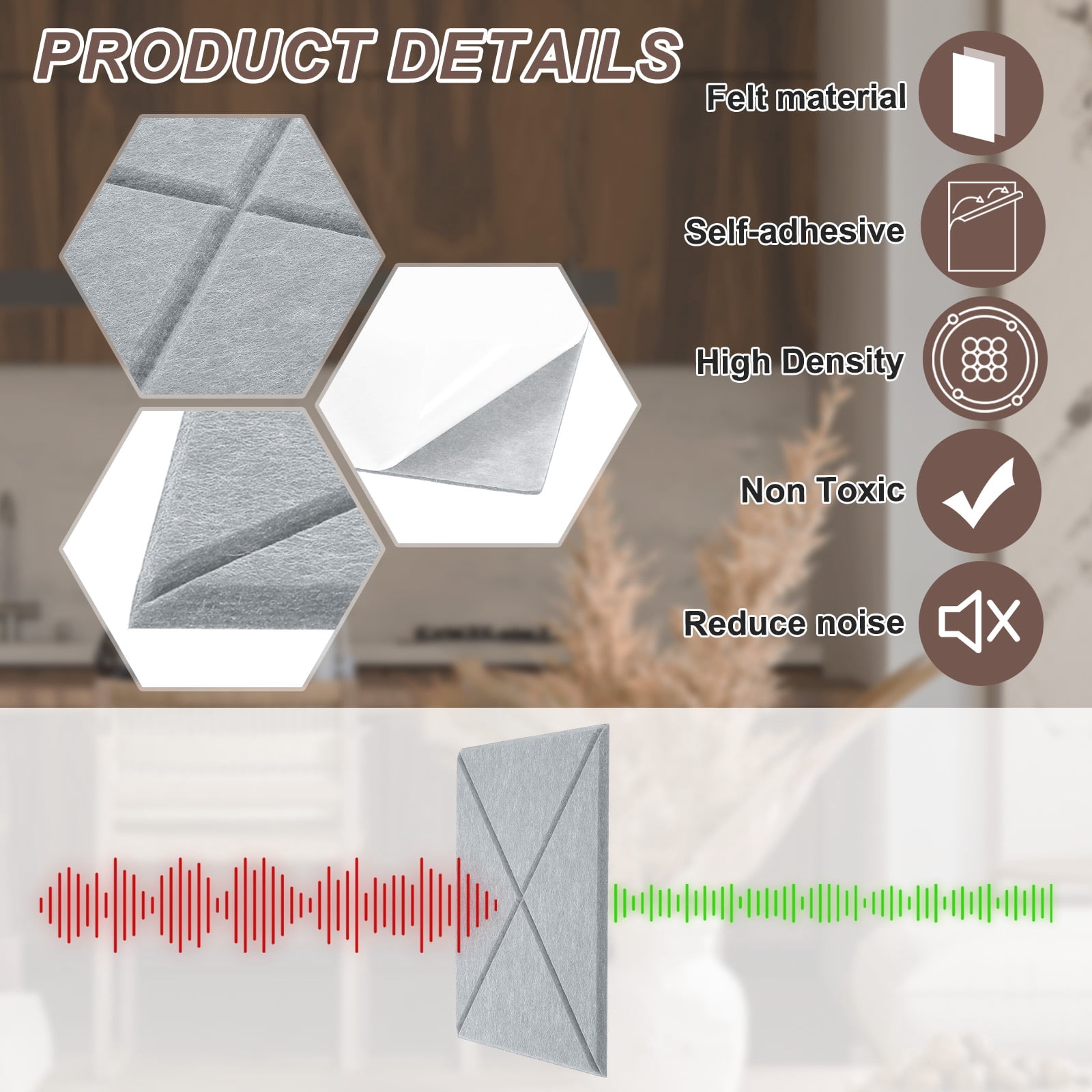 12pcs Adhesive Acoustic Panels Square High-Density Sound Proof Felt Self Stick Non-Slip Anti Vibration Pads Anti-Skid Noise 12 Inch Long x 0.39 Inch Thick, Moon Gray