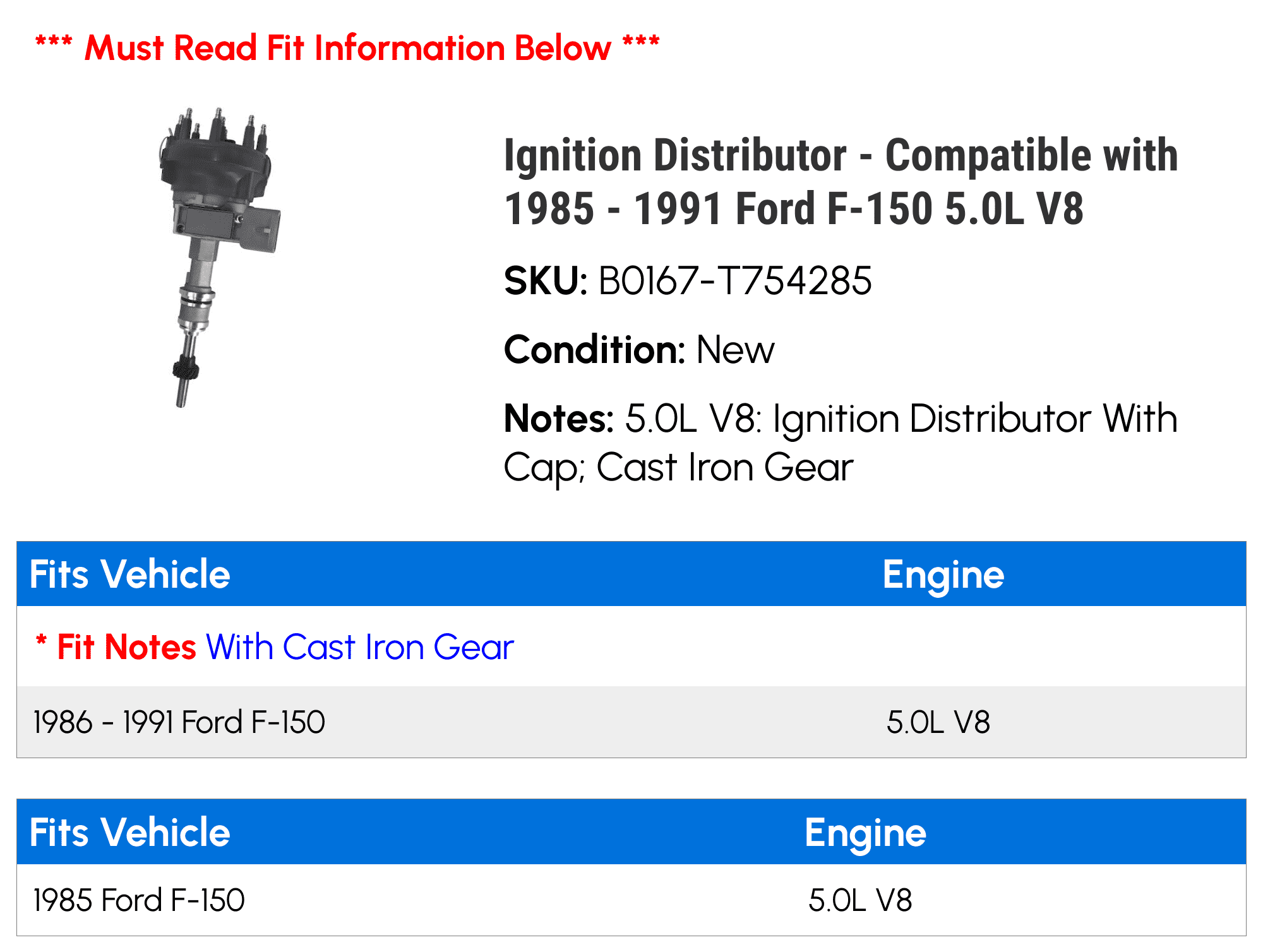 Ignition Distributor - Compatible with 1985 - 1991 Ford F-150 5.0L V8 - Replacement