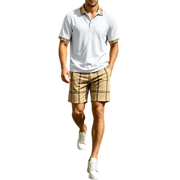 hotojiny Summer Golf Sets for Men Stylish Button Collared Plaid Shirt with Shorts Set Breathable Short Sleeve 2 Piece Outfits(White,X-Large)