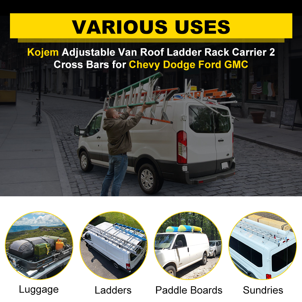 Kojem Adjustable Van Roof Ladder Rack Carrier 2 Cross Bars for Chevy Dodge Ford GMC Express 47 - 77'' 500lbs