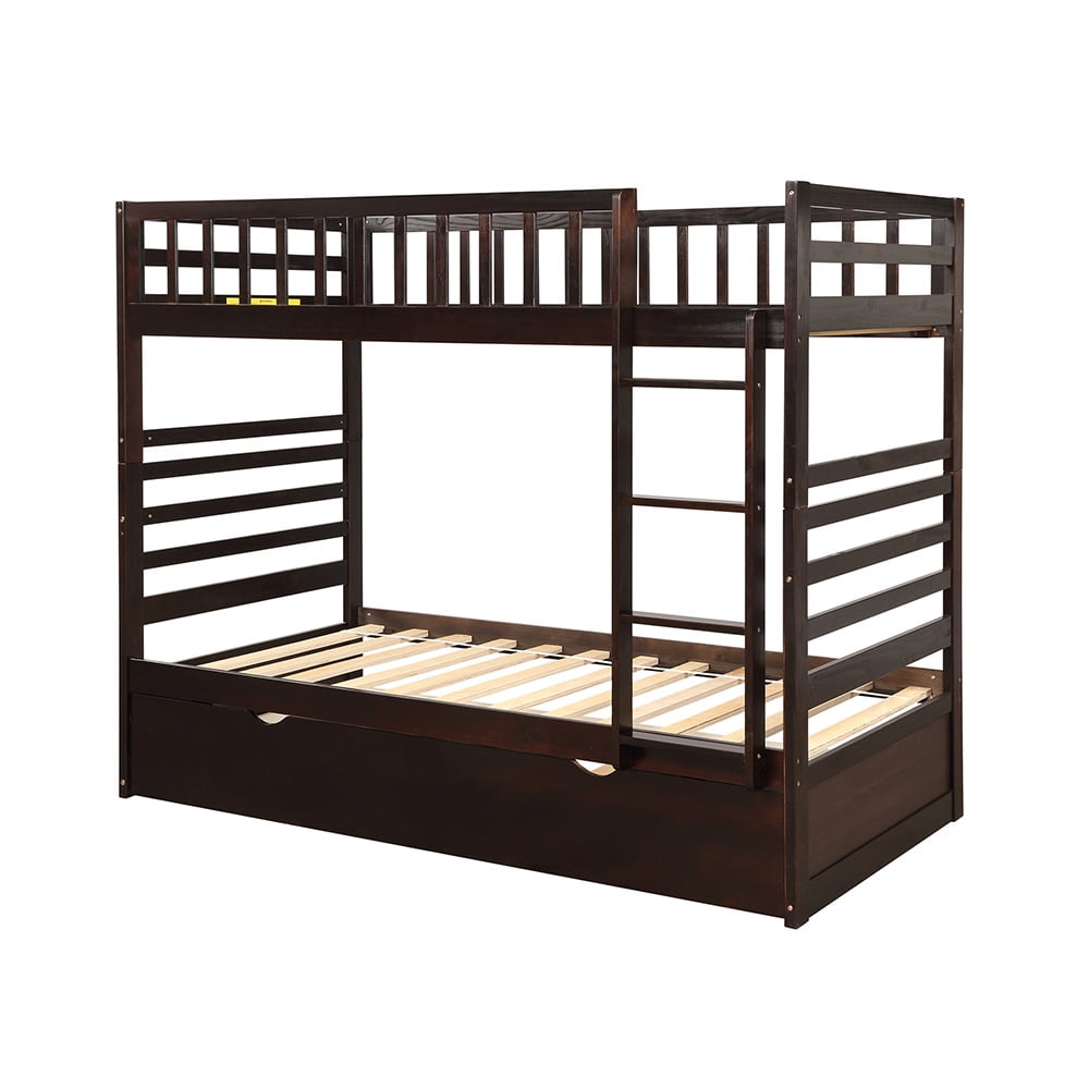 Private Jungle Solid Wood Twin Bed, Over Twin Bunk Bed with Trundle, Espresso