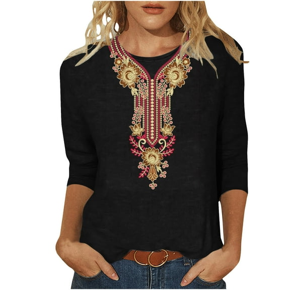 Penkiiy Embroidered Tops 3/4 Sleeve Women's Mexican Boho Peasant Casual Loose Tunics Fall Blouse Shirts for Women,Vintage Floral Tunic Shirts, Flowers Embroidery Blouses 3XL Black