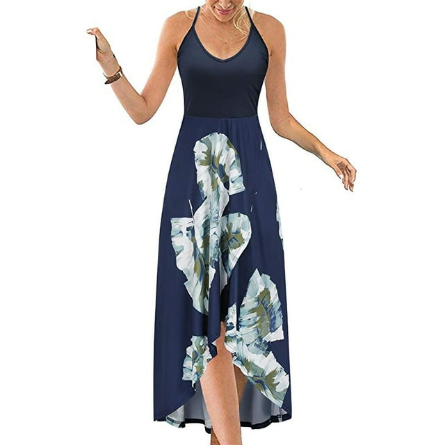 SMihono Robe Maxi Bohème d'Été pour Femmes Grande Taille Robe Maxi Asymétrique pour Femmes Décontractée à Col en V d'Été à Fleurs Sans Manches Robes de Plage Évasées Robe d'Été