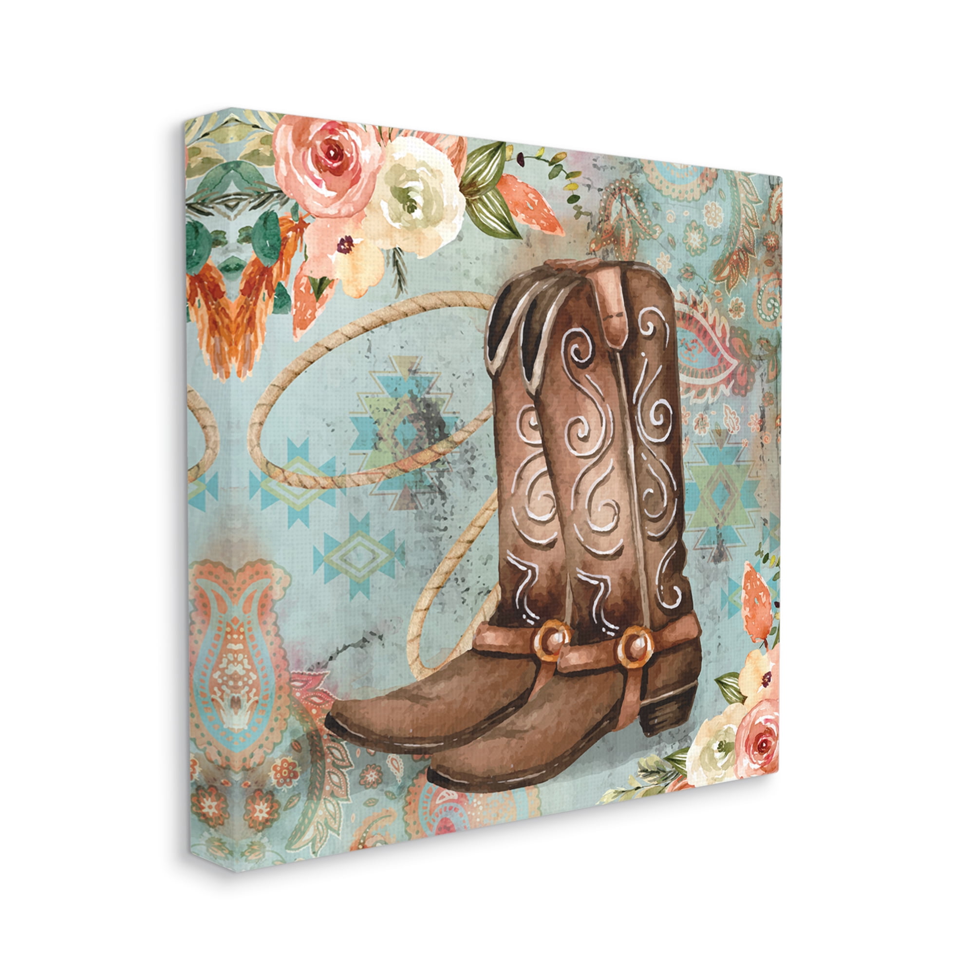 Stupell Cowboy Boots Western Paisley Florals Botanical & Floral Painting Gallery Wrapped Canvas Print Wall Art