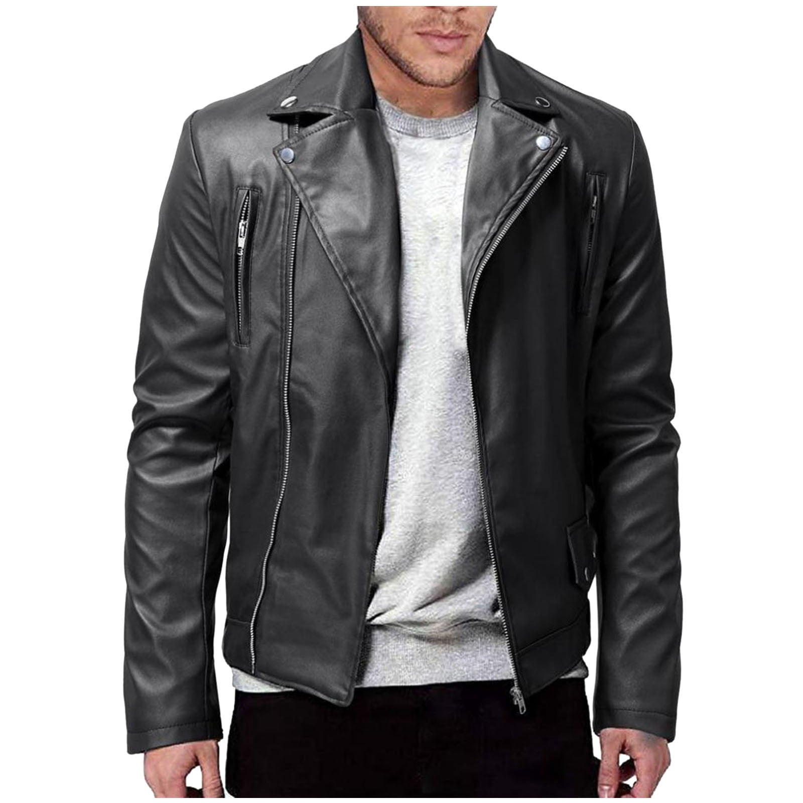DUMUIELD Men Faux Leather Jacket Full Zip Up Collar PU Leather Motorcycle Jacket Plus Size Bomber Coat Outwear with Pockets Black,L
