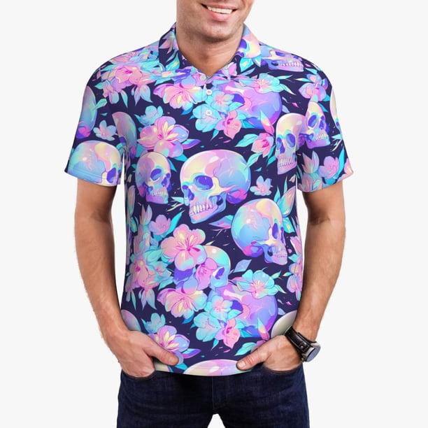 Balery pinkk flower crystal Skull Camisa Polo de Hombre con Estampado, de Manga Corta y Tejido Medio, Camisa Tipo Golf Polo-Medium