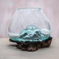 thumbnail image 3 of NOVICA Artisan Handblown Glass Wood Vase Albesia in Bali Blue Brown Indonesia 'Rocky Horizon', 3 of 5