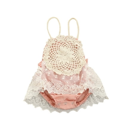 

Bebiullo Baby Girls Casual Romper Sleeveless Boat Neck Lace Hem One-piece