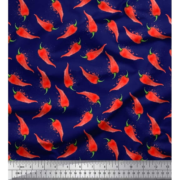 Soimoi Blue Velvet Fabric Chilli Vegetable Printed Fabric 1 Yard 60 Inch Wide