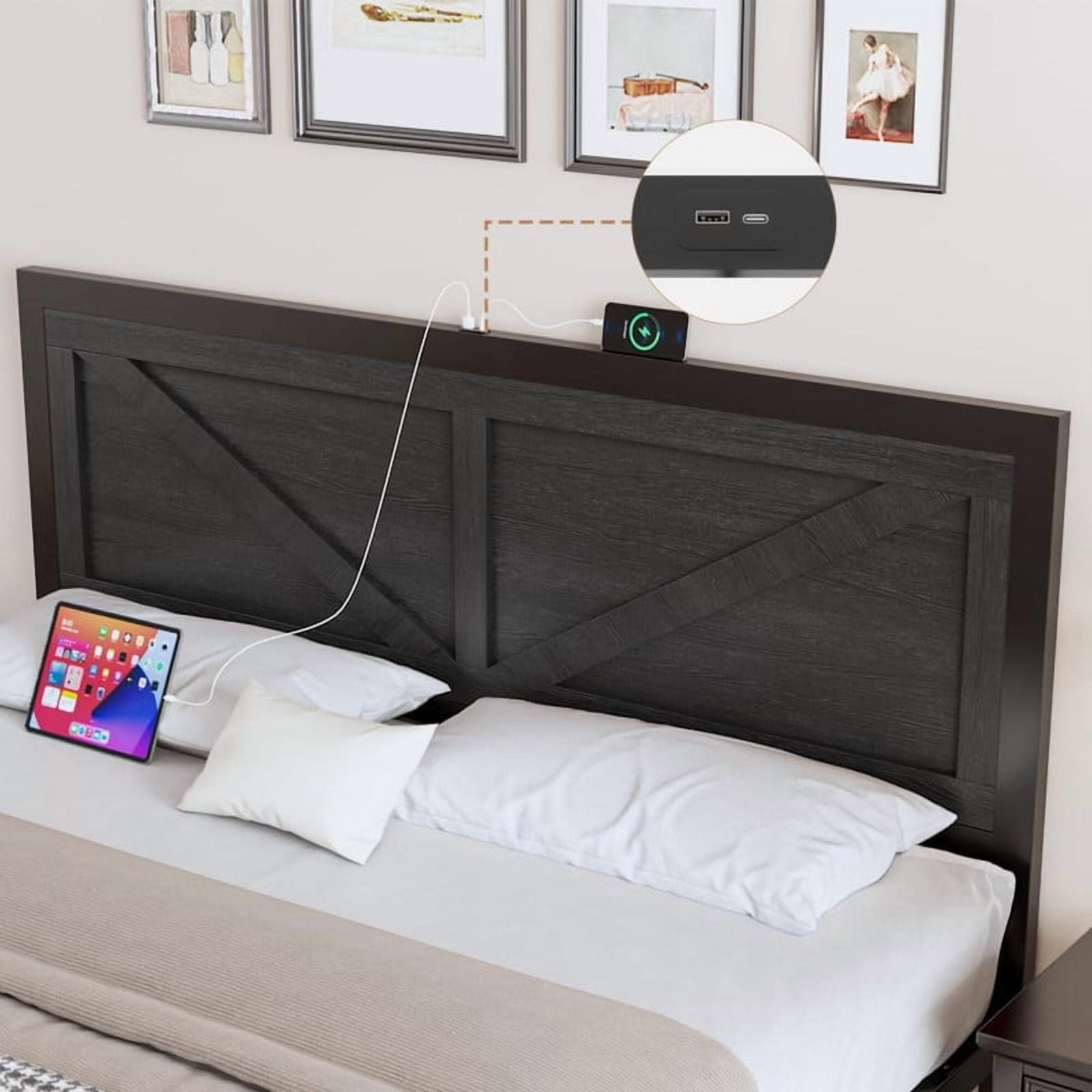 Queen Size Platform Bed Frame with LED Lights, USB Charging, and Farmhouse Barn Door Headboard, Strong Metal Slats Support, Noise Free, No Box Spring Needed, Black