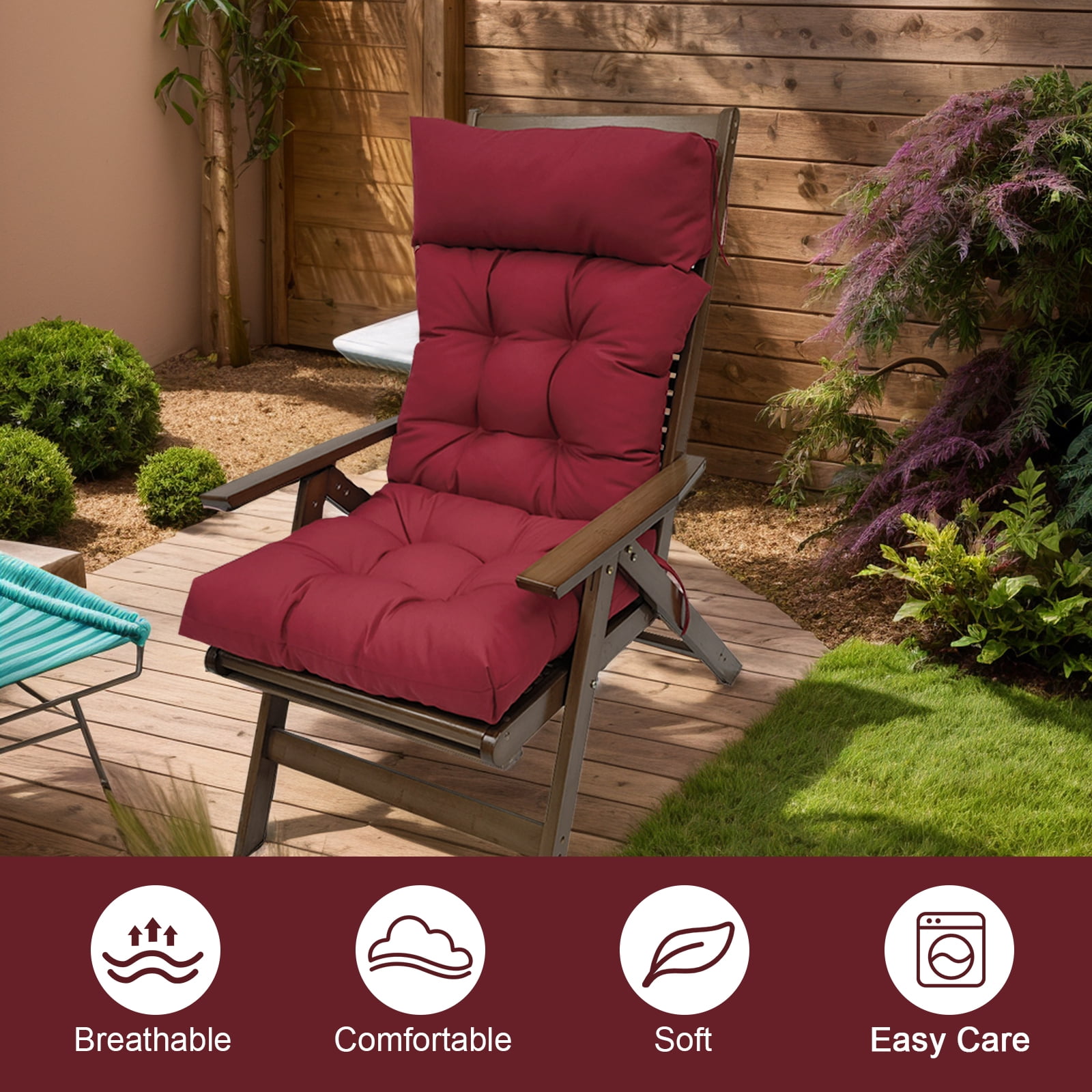 JOVELL 4-Inch Thick Adirondack Chair Cushions 1Pack, 49"x21" Waterproof High Back Rocking Chair Pads with Ties, Outdoor Patio Furniture Seat Cushion, Red