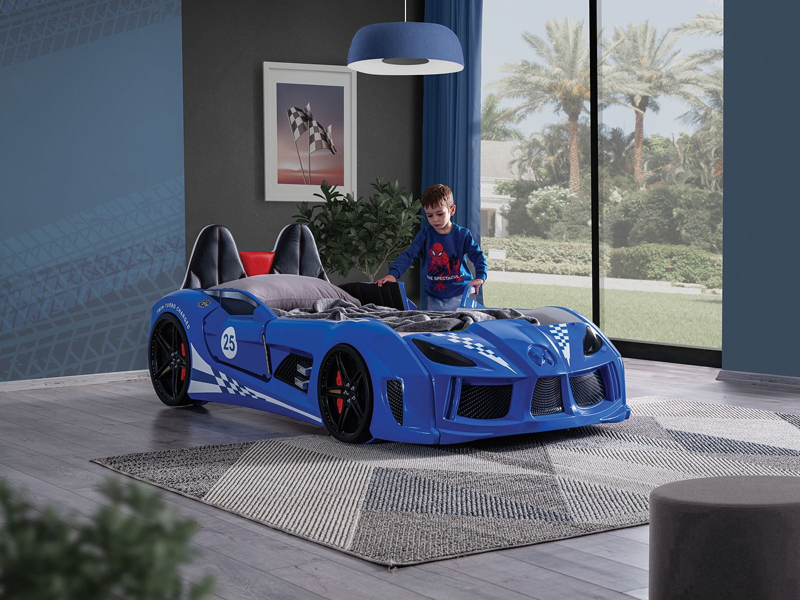 Twin Size Bed Race Car Design Modern Novelty Style Attached Two Magnetic Doors With LED Lights On Wheels Bottom Upholstery HB Blue Finish