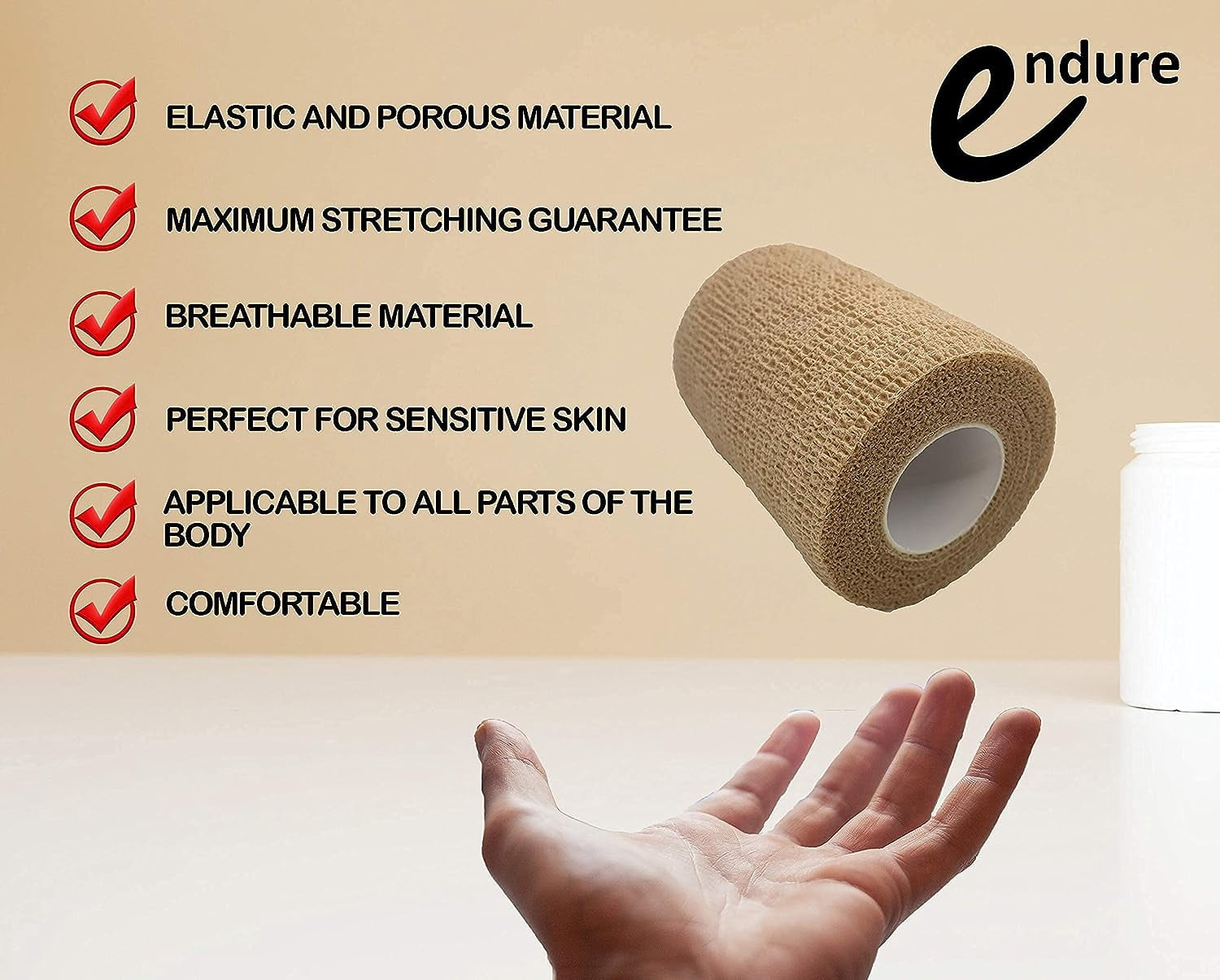 Endure Cohesive Bandage Wrap, Self Adherent Wrap 3 inch x 5 yd, Adhesive Flexible Breathable First Aid Gauze, Stretchable and Ideal for Athletic Use, Box of 12, Tan Color
