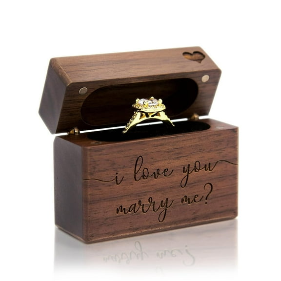 MUUJEE I Love You Marry Me - Engraved Wooden Ring Box, Slim Engagement Proposal Ring Holder, Wedding Ceremony Ring Bearer Box, Fiance Gift Ideas