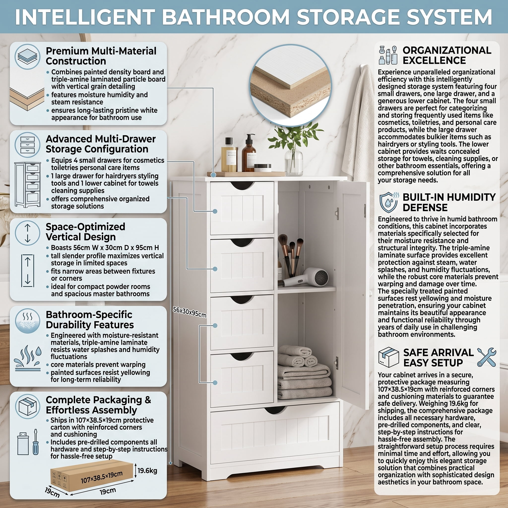 Elegant Vertical Grain Bathroom Cabinet 4 Small Drawers 1 Large Drawer 1 Lower Cabinet Particle Board for Powder Room Master Bathroom