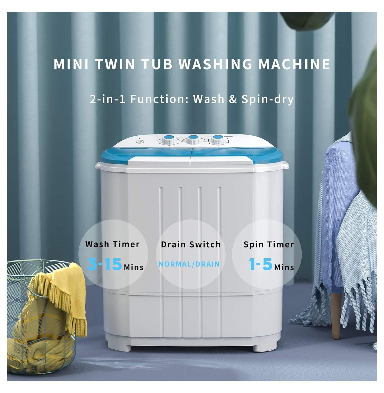 Portable Washing Machine, 14 Lbs Mini Washer and Spin Dryer Combo, 9 lbs Washer, 5 lbs Spinner, Compact Laundry Machine with Drain Hose, Small Washing Machine for Apartments, Dorm, RV