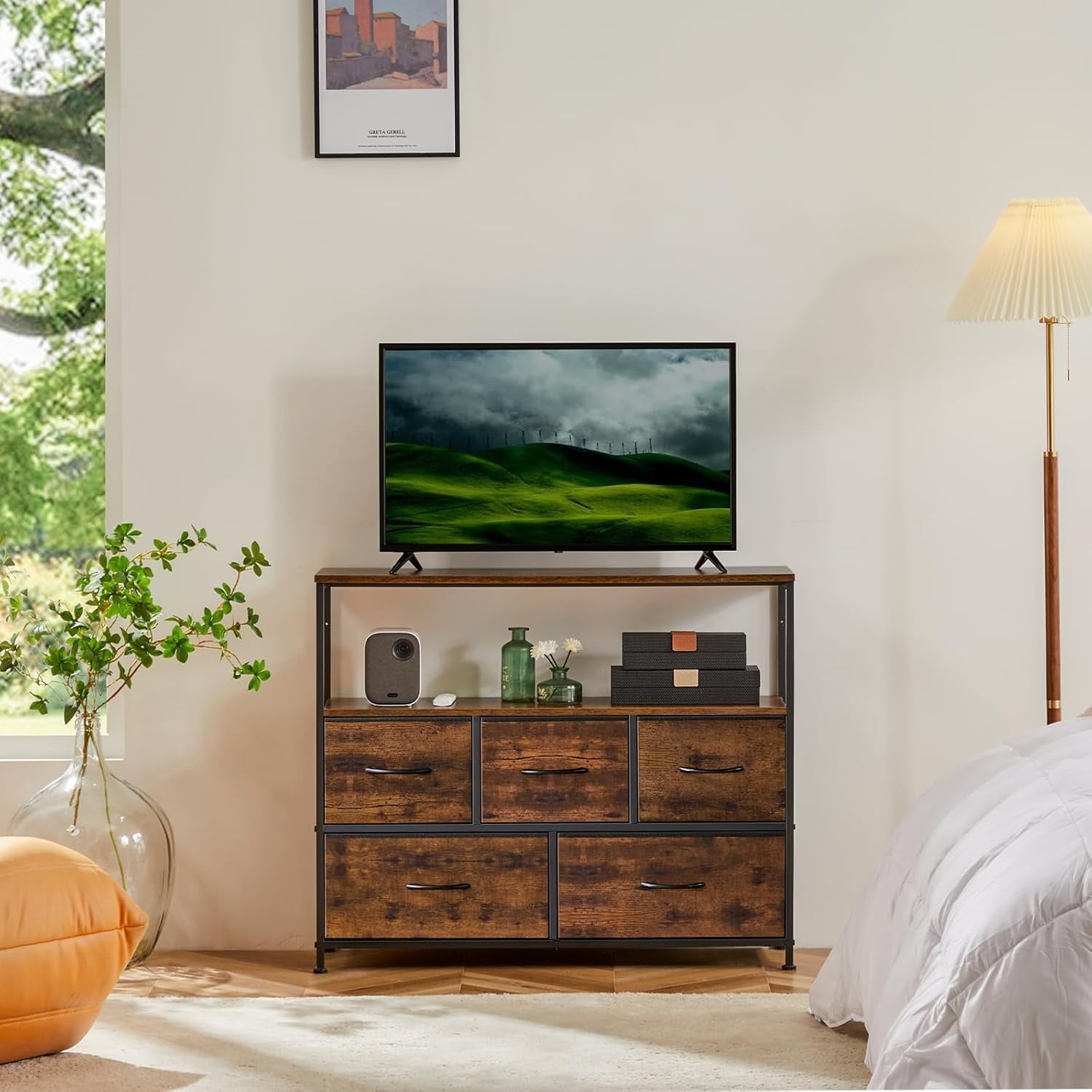 Bigleap TV Stand for Bedroom, TV Dresser for 45 inches, Media Console Table, Entertainment Center with 5 Fabric Drawers Cabinet and Open Storage Shelf Furniture Cabinet for Living Room, Brown