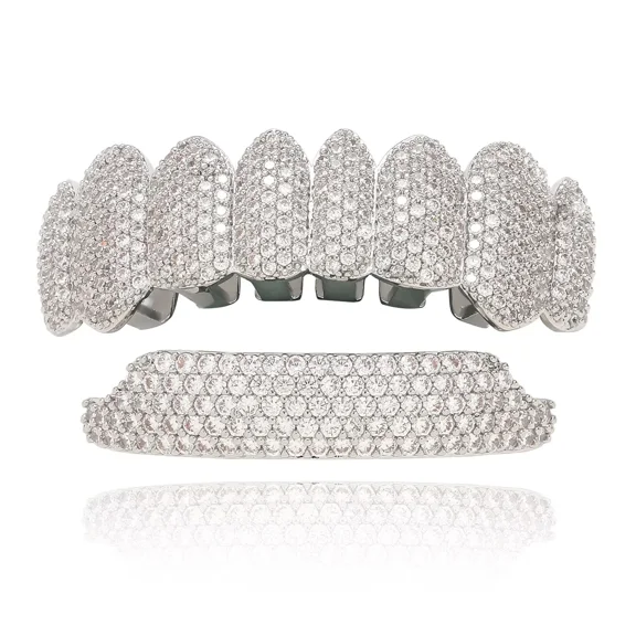 AIXZETHY Grillz Vampire Teeth Silver Grills for Your Teeth Diamond Grillz for Women 18K Gold Plated Iced out Hip Hop Teeth Men Rapper Costume Cosplay Extra Molding Bars