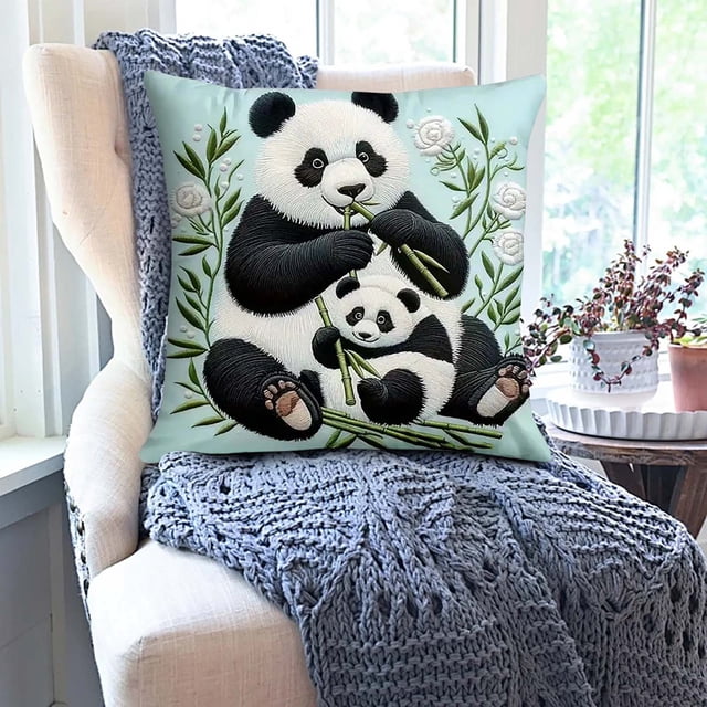 YiJuHui 2pcs Winter Themed Panda Pillow Cover, Cute Animal Print Decorative Cushion Case, Soft Plush Fabric for Sofa Bedroom Decor, Festive Holiday Home Accent 40*40cm