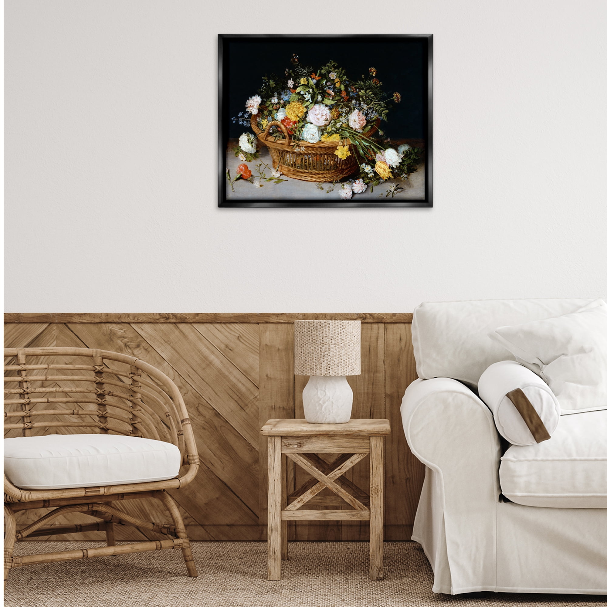 Stupell Industries Vintage Flower Basket Plants & Flowers Painting Black Floater Framed Canvas Art Print Wall Art, 31 x 25