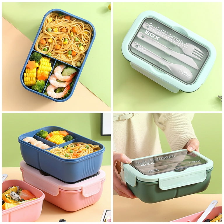 1pc Blue Bento Box With Compartments & Soup Container
