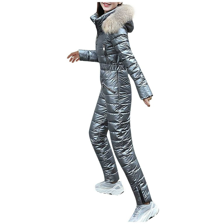 Lady Warm Skiing Suit Hooded Jumpsuit One Piece Padded Quilted Slim Thick  Winter