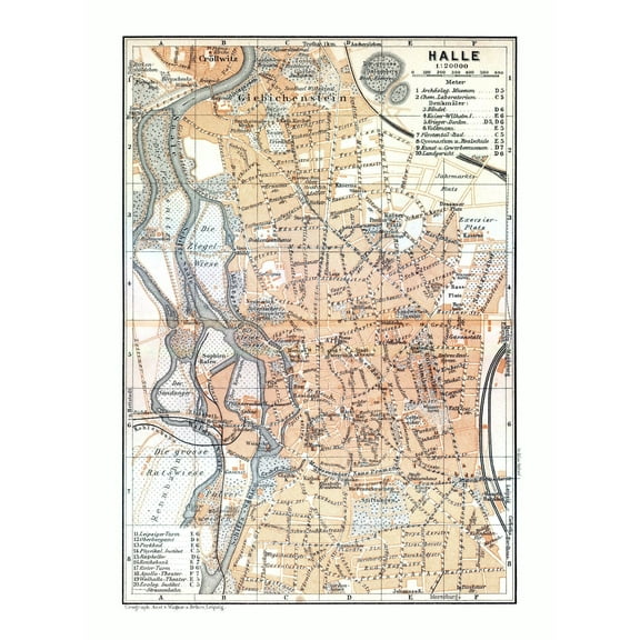 Historic Map - Halle Germany - Baedeker 1914 - 23 x 31.53 - Vintage Wall Art