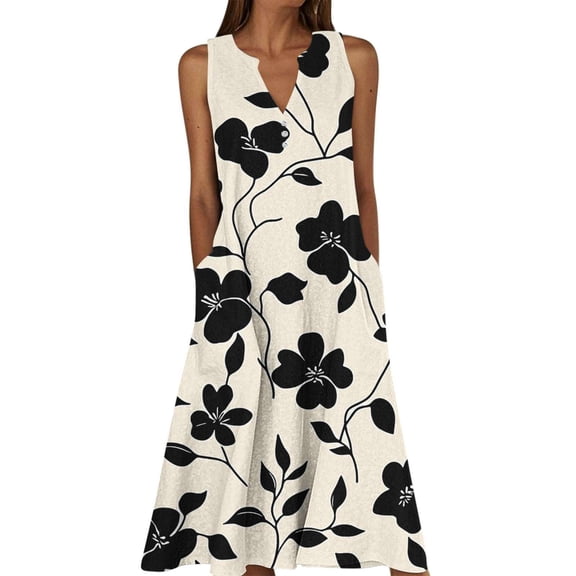 Makaor Spring Floral Dresses for Women A Line Midi Dresses Plus Size Sleeveless Dress V Neck Lounge Dress Beige 2XL