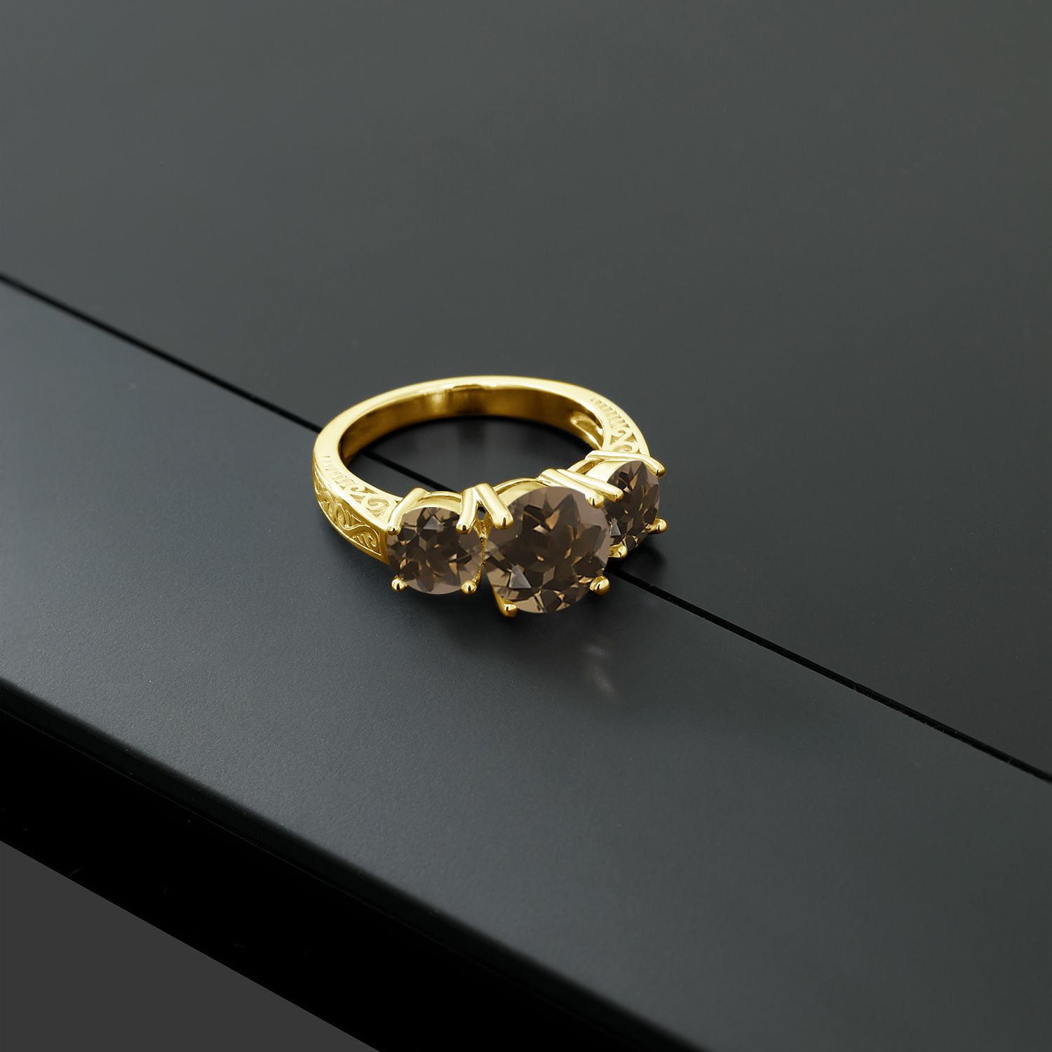 Gem Stone King 18K Yellow Gold Plated Silver Round Brown Smoky Quartz 3-Stone Ring for Women | 3.40 Cttw | Gemstone Birthstone | Wedding Engagement Anniversary Promise Ring for Women| Size 5