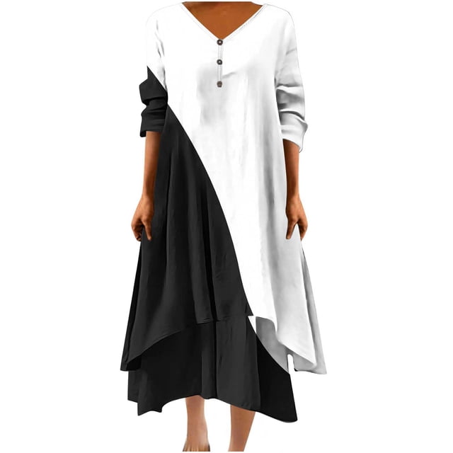 Pisexur Robes pour Femmes Mode Couleur Patchwork Imprimé Col en V Robe Maxi Été Décontractée Manches 3/4 Robe Soleil Élégante Ample Fluide Ourlet Irrégulier Bouton Robe de Plage Grande Taille Longue Robe P-5TG