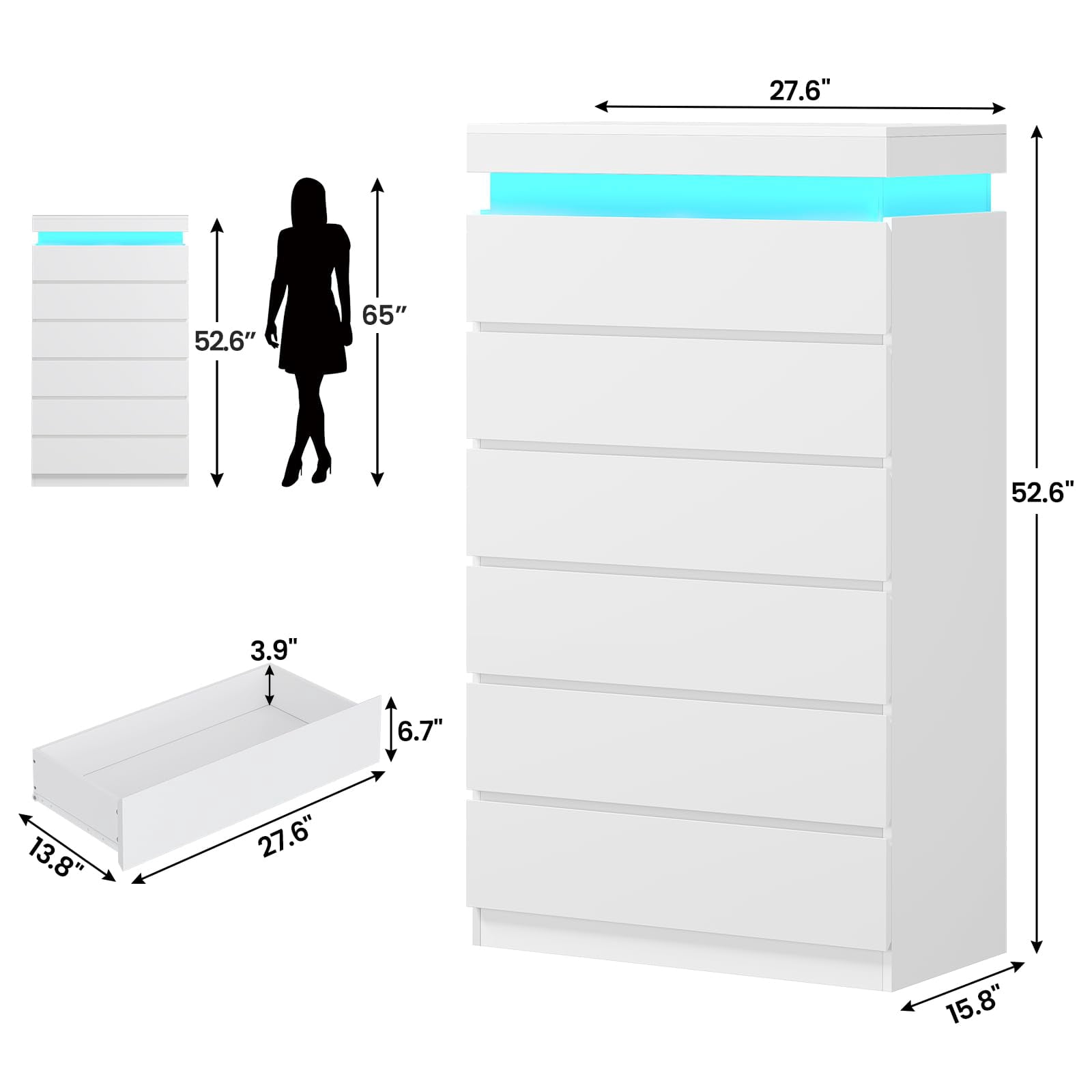 Tall 6 Drawer dresser with LED lights,chest of 7 drawers,modern large capacity storage cabinet with deep drawers, White dresser for bedroom, living room