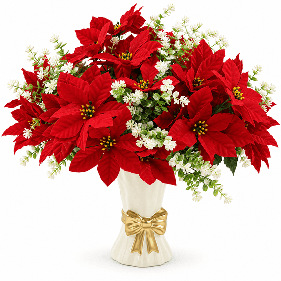 Christmas Artificial Poinsettia Flowers, 12 Pack Red Winter Outdoor Faux Flower Bundles with Eucalyptus Leaves for Planter Vase Porch Patio Holiday Home Decor
