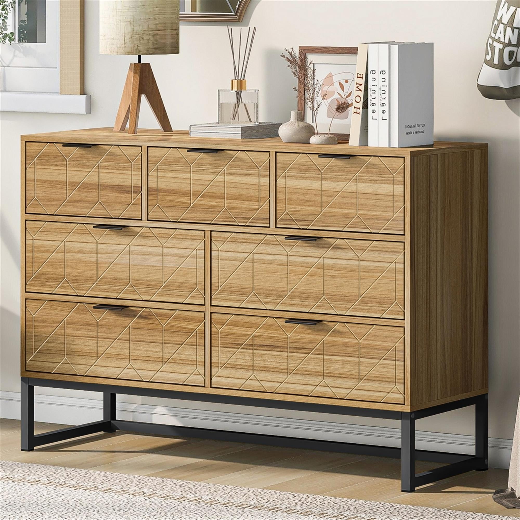 Yardi Yard 7 Double Drawer Dresser for Bedroom, Modern Accent Wide Chest with Black Knobs and Metal Legs Walnut Yardi Yard 7 Double Drawer Dresser for Bedroom, Modern Accent Wide Chest with Black Knobs and Metal Legs Walnut