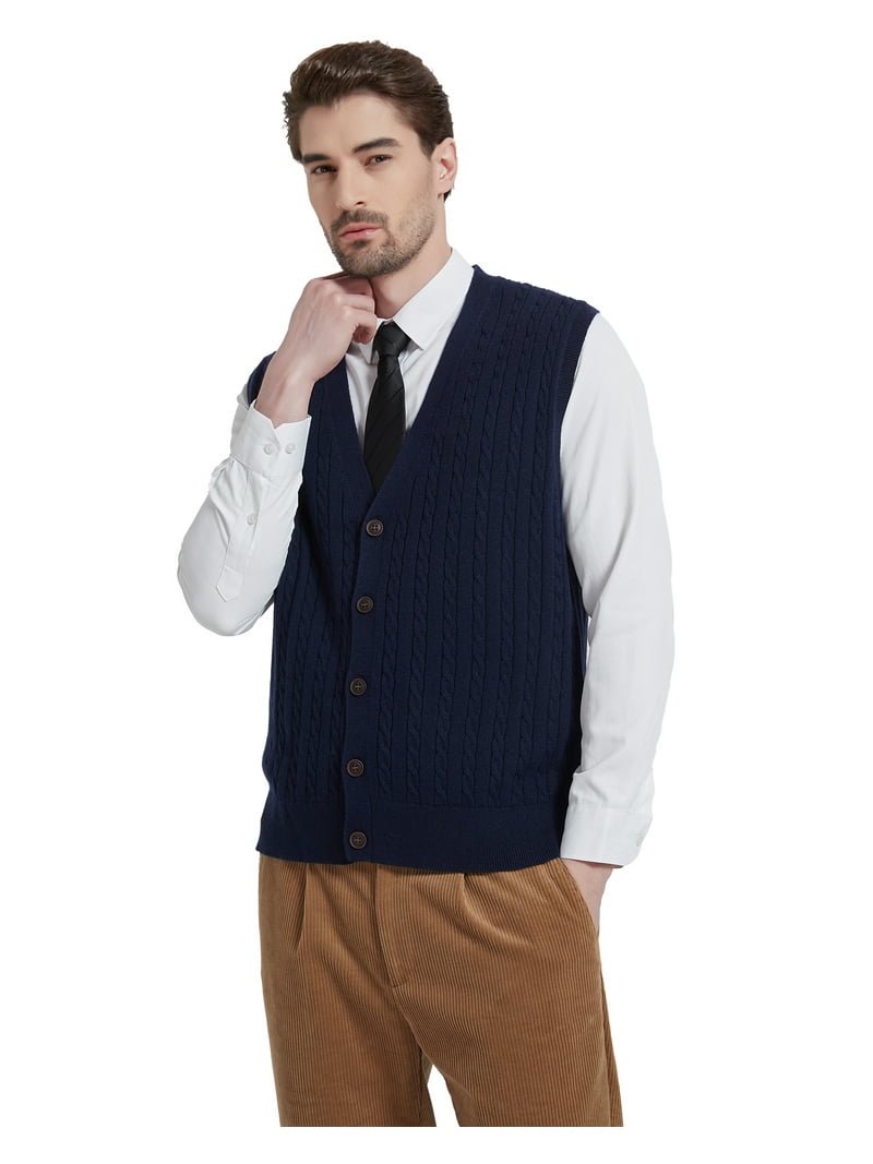 Kallspin Men's Wool Blend Cable-Knit V Neck Sleeveless Cardigan