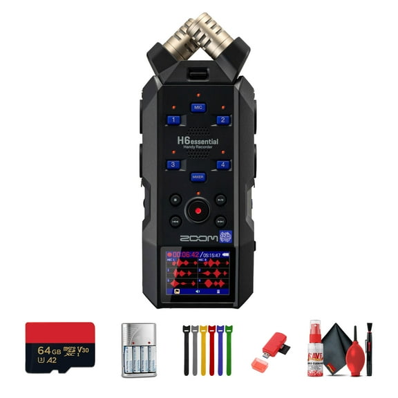 Zoom H6essential 6-Track 32-Bit Float Portable Audio Recorder Bundle With BTA-1 Bluetooth Adapter   4x AA Batteries With Charger   Extreme Pro 64GB microSDXC Memory Card   More