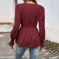 thumbnail image 3 of Women's Belted Waist Shirt, Solid Color V Neck Tie Front Fitted Blouse, Elegant Office Wear, Wine - 2XL, 3 of 4