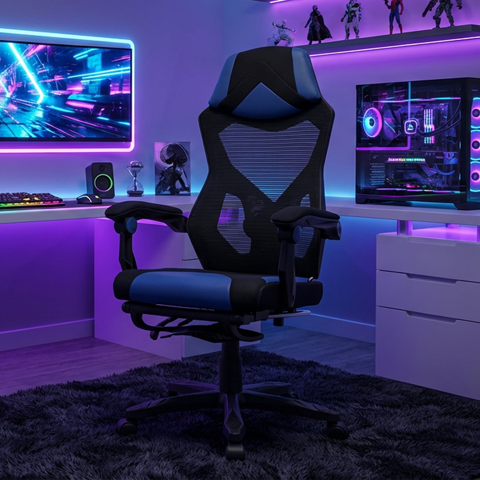 Gamer Gear Gaming Office Chair with Extendable Leg Rest, Blue/Black Fabric Upholstery