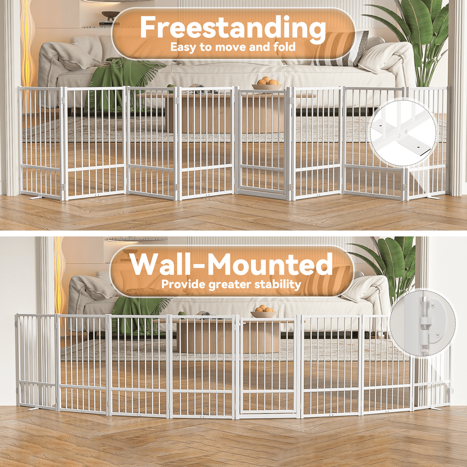 32''Height Full Matel Freestanding Dog Gate with Door, 8 Panels Extra Wide Free Standing Tall Dog Gates for Doorways,House,Stairs,Porch,Deck,Yard