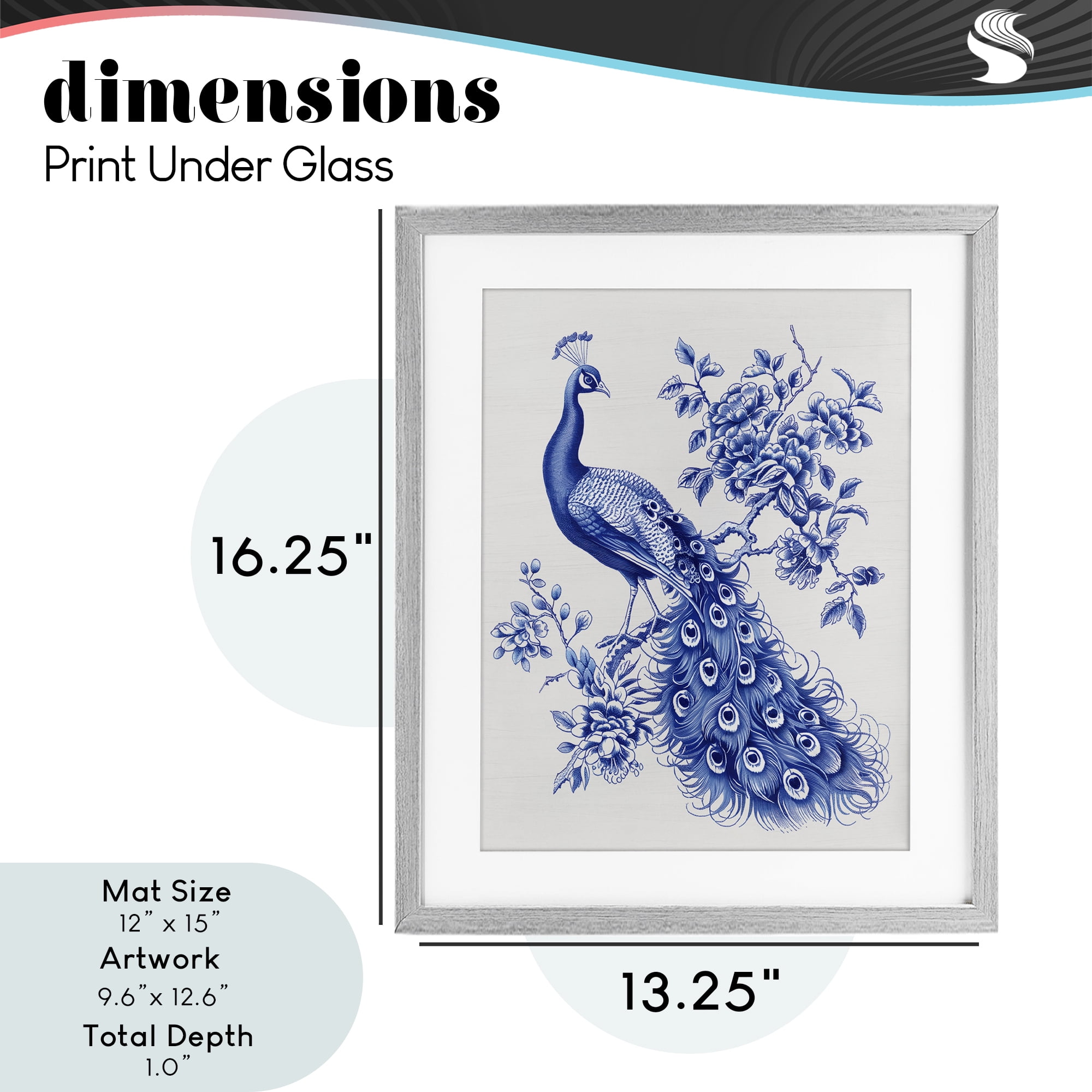 Vintage Peacock in Toile Style Gray Framed Print Under Glass, design by Lettered and Lined
