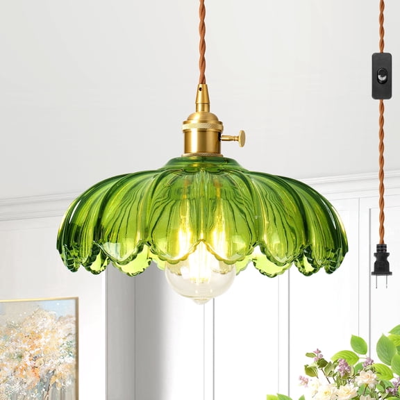 Plug in Pendant Light Fixtures, Retro Flower Green Glass Hanging Lamp for for Kitchen Island, Bedroom, Dining Room, Living Room, E26 No Bulb