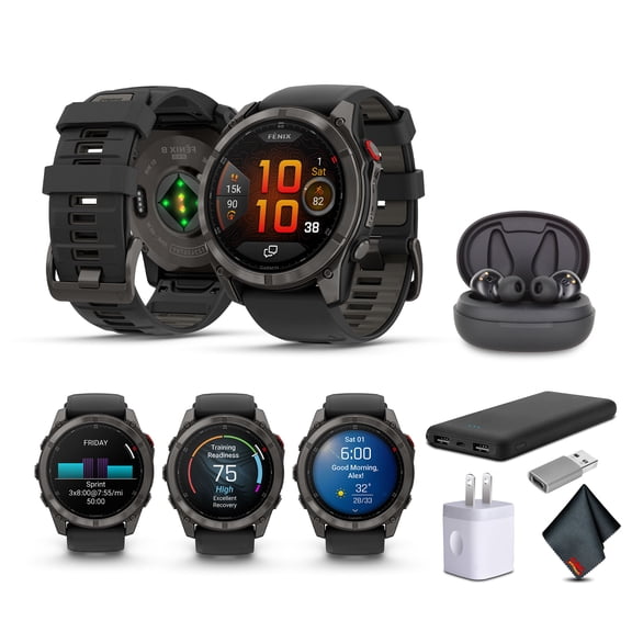 Garmin Fenix 8 Pro 51mm, AMOLED Display, inReach Technology, Premium Connected Multisport Fitness Tracker GPS Smartwatch, Sapphire Carbon Gray DLC Titanium with Black/Pebble Gray Silicone Band Bundle