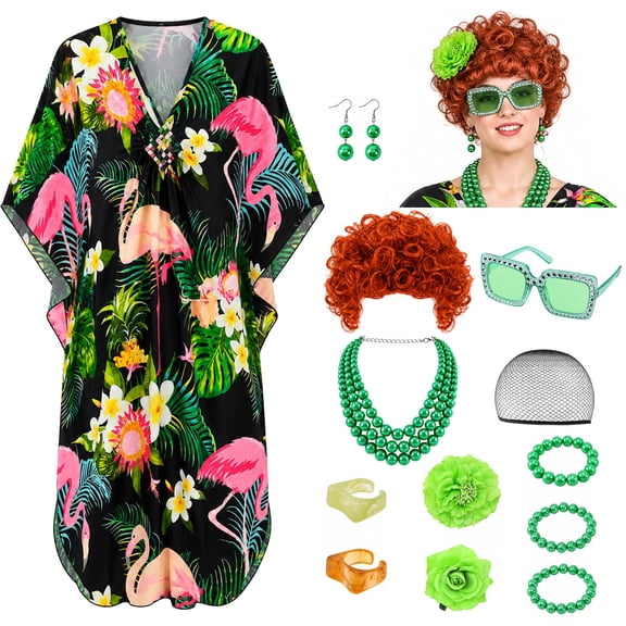 EBaokuup Women's Halloween Landlady Costume Set, Green Printed Caftan Dress with Curly Wig, Jewelry and Sunglasses