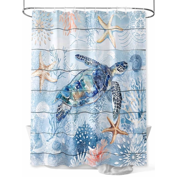 Fsddascl Blue Turtle Coastal Shower Curtain Set - 48" x 72" Washable Bathtub Curtain with 12 Hooks, Summer Beach Nautical Starfish Waterproof Fabric Stall Shower Curtains for Bathroom/Bathtub Décor