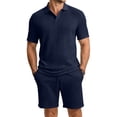 thumbnail image 2 of Dwelliawo Men's Textured Polo Shirt And Shorts Set, 2 Piece Summer Casual Outfit, Breathable V Neck Knit Tracksuit For Daily Wear Navy M, 2 of 5