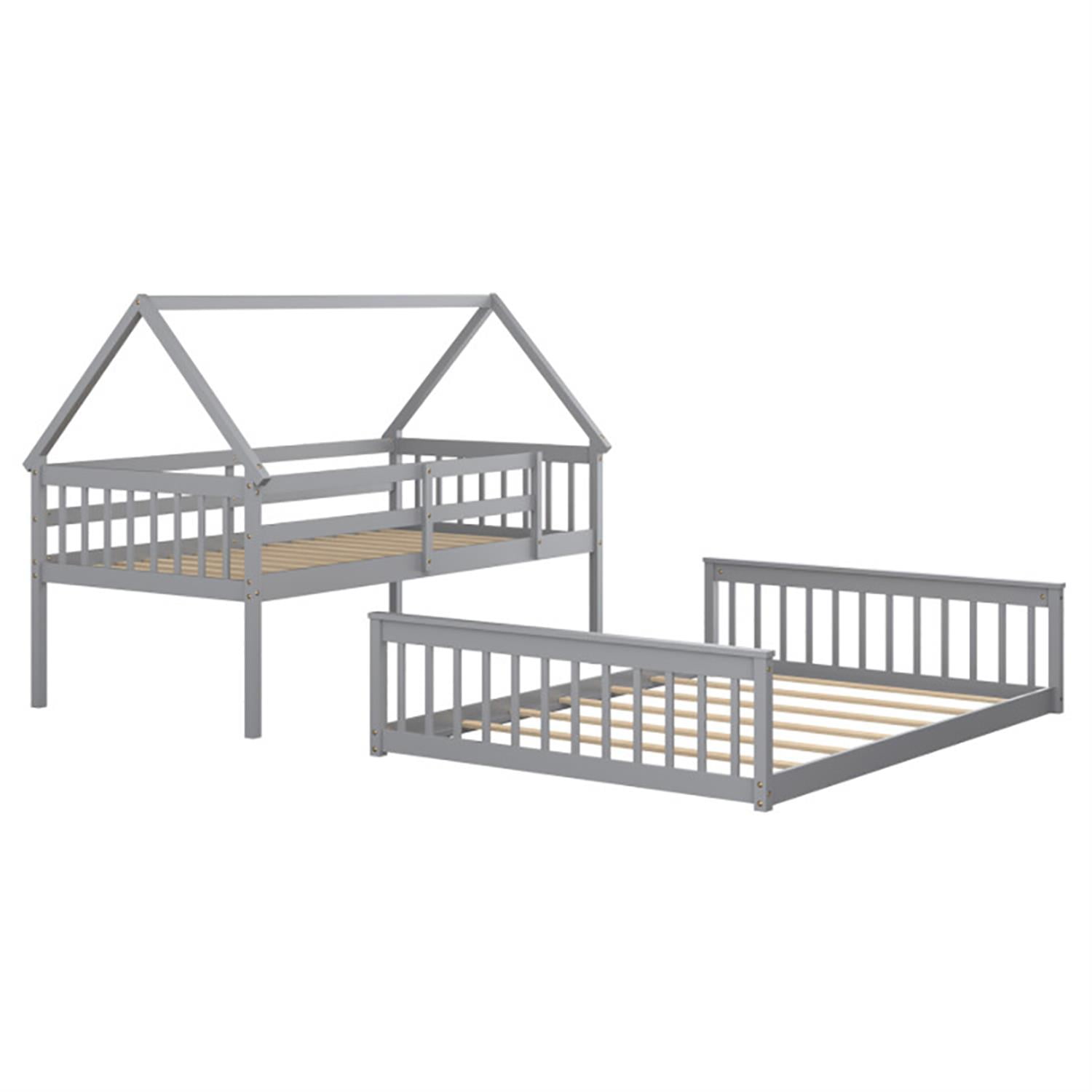 Demi Bonn Twin Over Full Bunk Bed with Ladder and Guardrails, House Twin Bunk Beds, Bed Frame, Gray