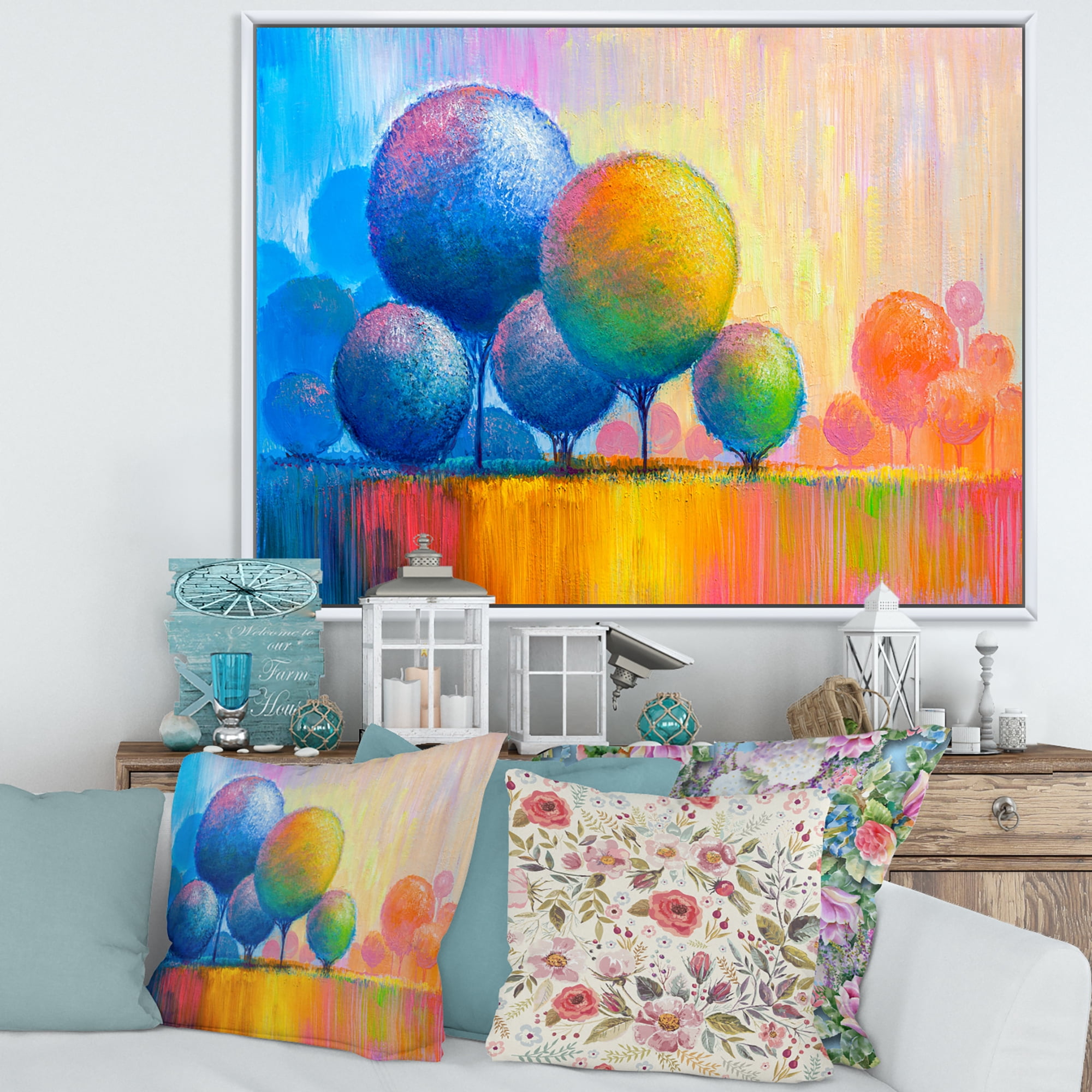 Designart 'Ornamental Colourful Trees VII' Modern Framed Canvas Wall Art Print