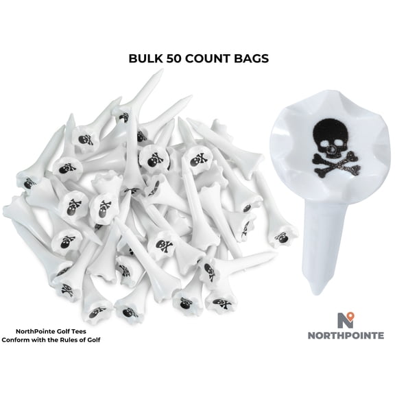 NorthPointe 1 ½” Plastic Golf Tees Bulk 50 ct - Skull Crossbones Cup Imprinted – Short Tees for Irons, Par Threes, Hybrids, and Driving Range