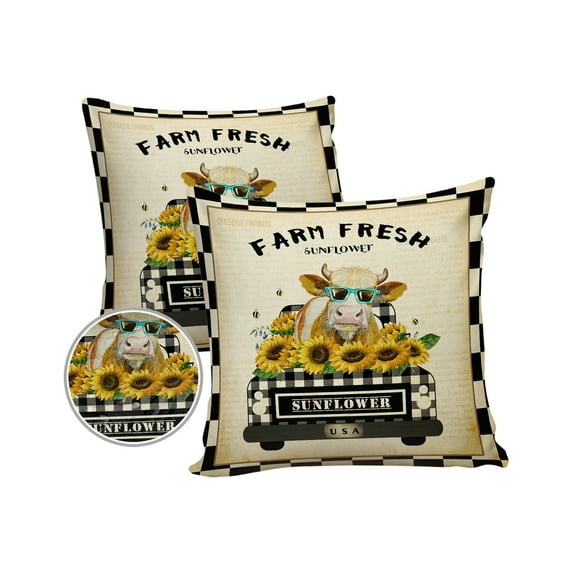 Pack of 2 Outdoor Pillow Covers, Farm Family American Country Style Cow Old Truck Black Plaid Waterproof Square Throw Pillowcase Cushion Decorative Pillow Covers for Couch Patio Tent, 18x18 in