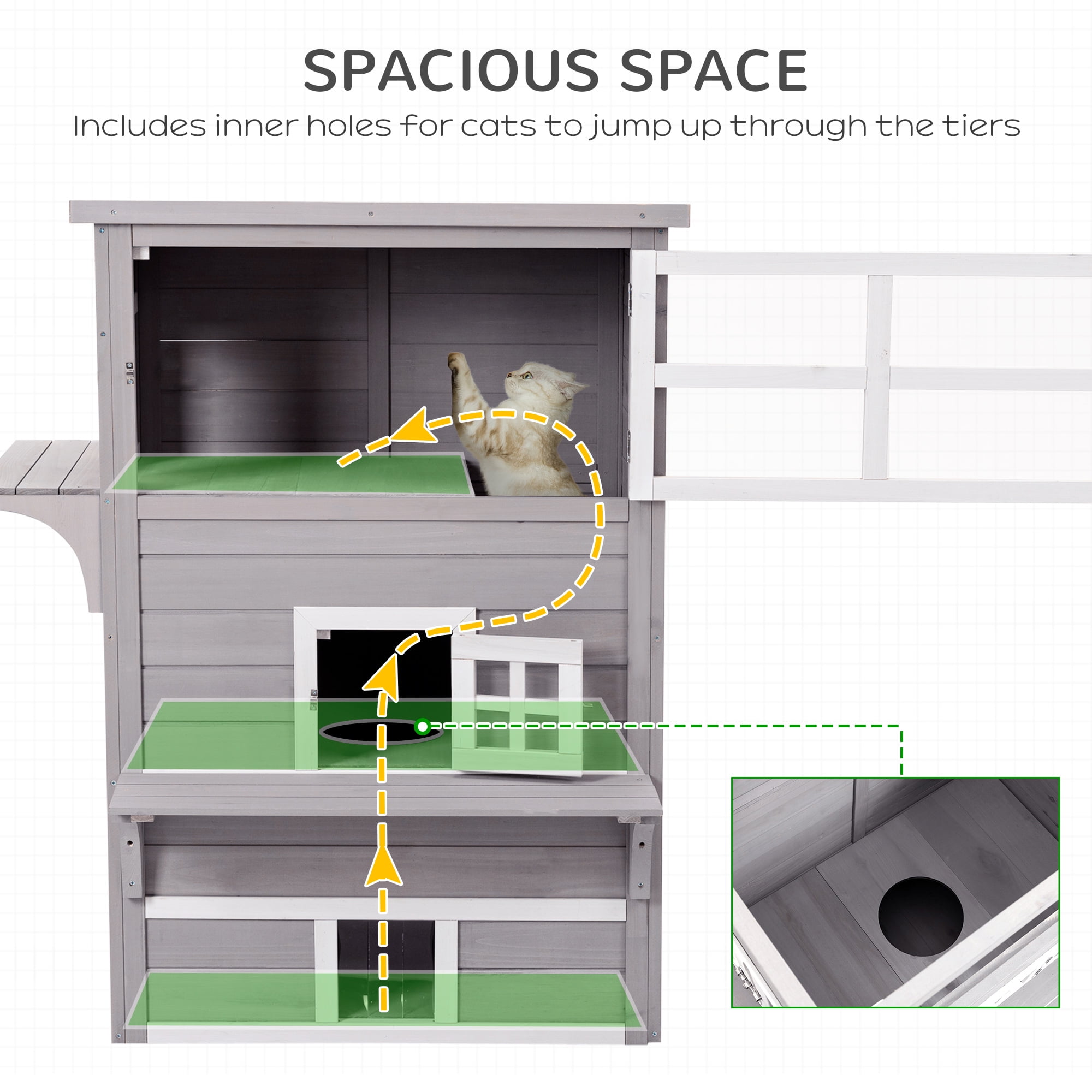 3-Story Cat House Feral Cat Shelter, Outdoor Kitten Condo with Raised Floor, Asphalt Roof, Escape Doors, Jumping Platforms, Grey